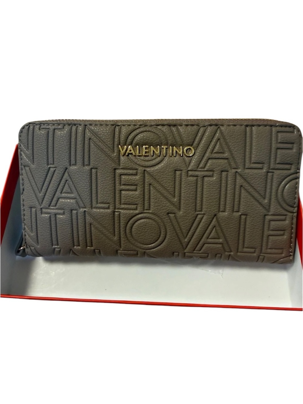 NWT Valentino Blackish Brown Portafoglo Pansy Leather Embossed Logo Zip Wallet - Picture 6 of 13
